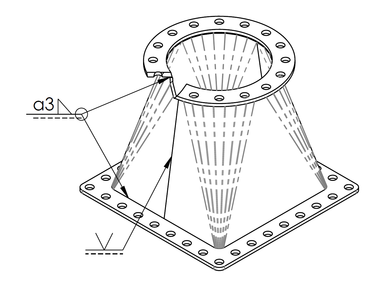 Schweisszeichnung Vierkant- Rundstutzen Ansicht isometrisch
